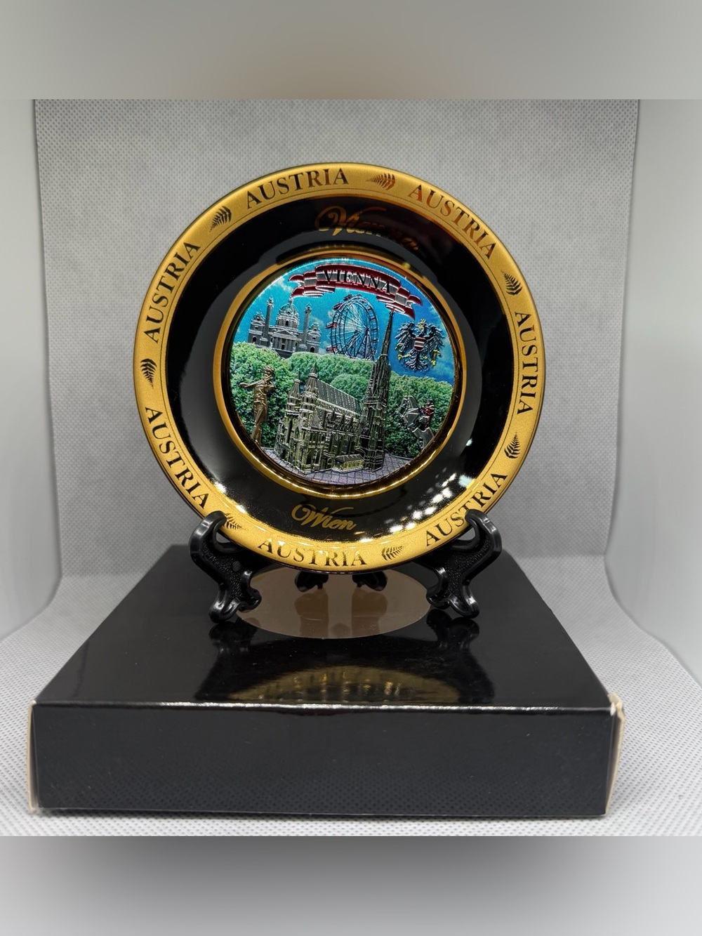 Vintage Vienna Austria Decorative Mini Plate 4 Inch Gold Rim With Stand